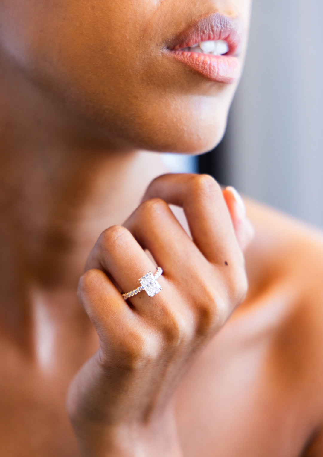 Hidden Halo Petite Shared Prong Diamond Engagement Ring with Radiant Cut Diamond