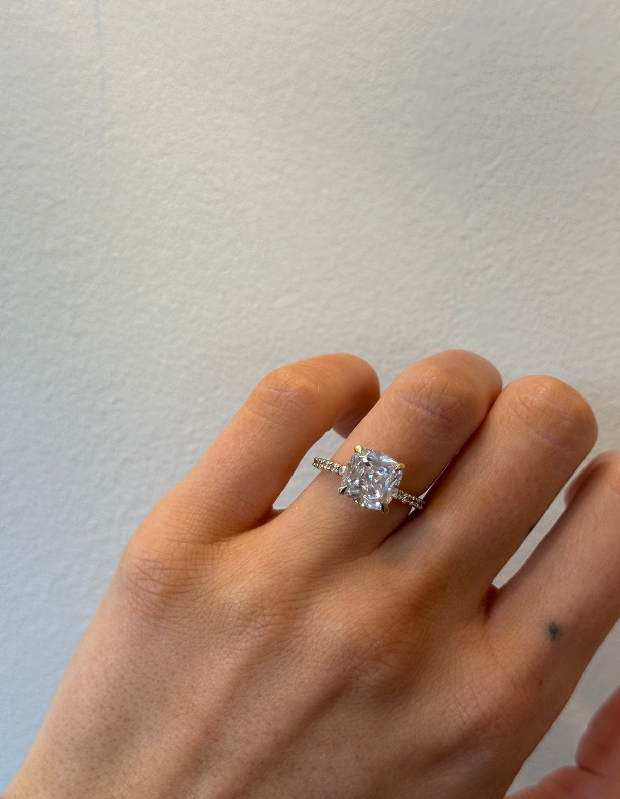 Petite Shared Prong Diamond Engagement Ring with Cushion Cut Diamond