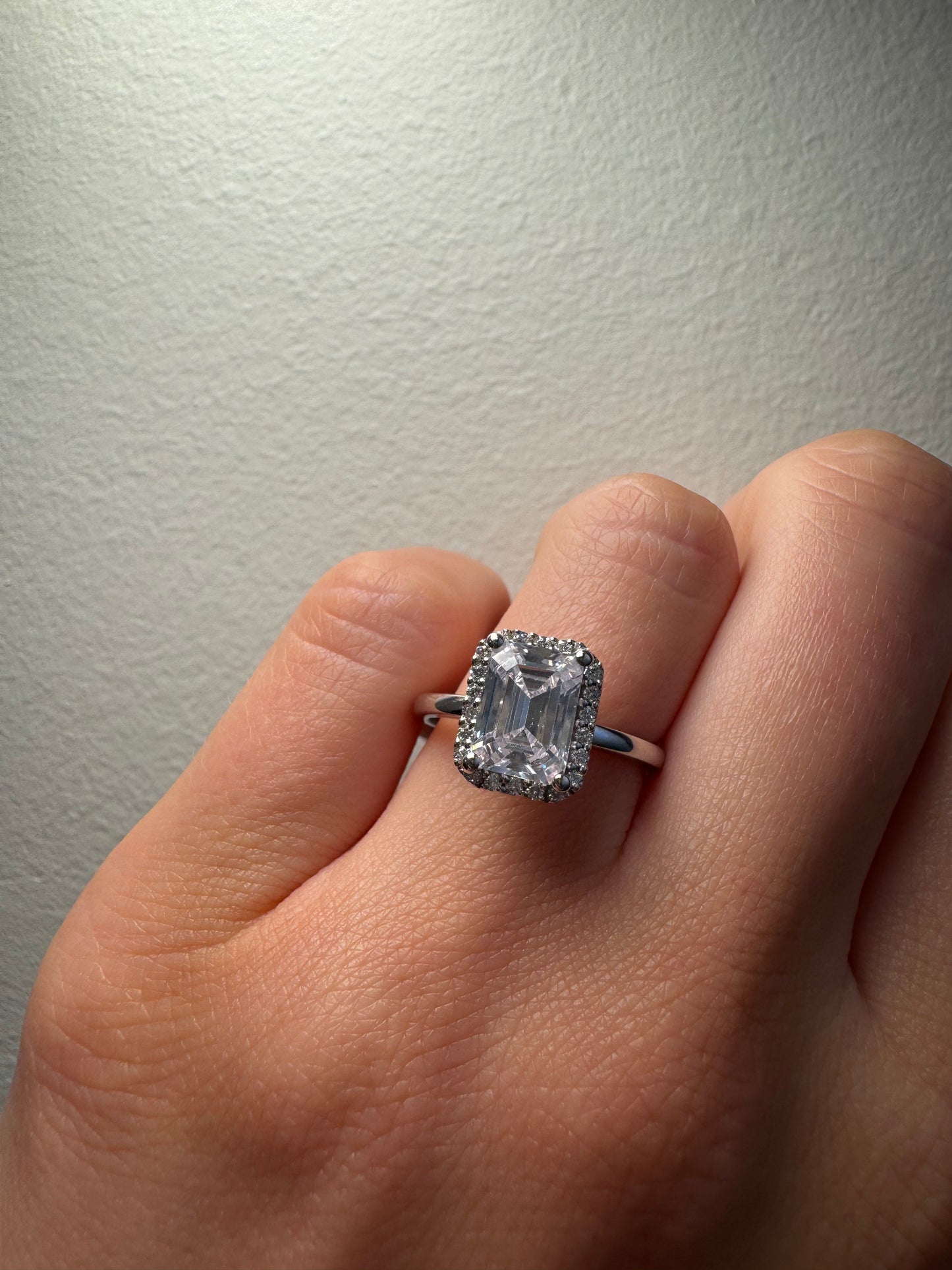 Petite Halo Diamond Engagement Ring with Emerald Cut Diamond