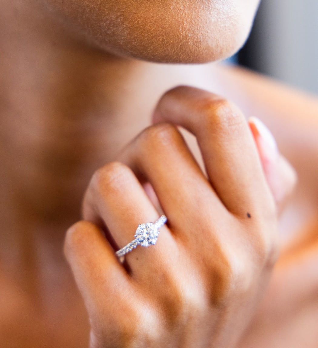 Hidden Halo Petite Shared Prong Diamond Engagement Ring with Round Brilliant Cut Diamond