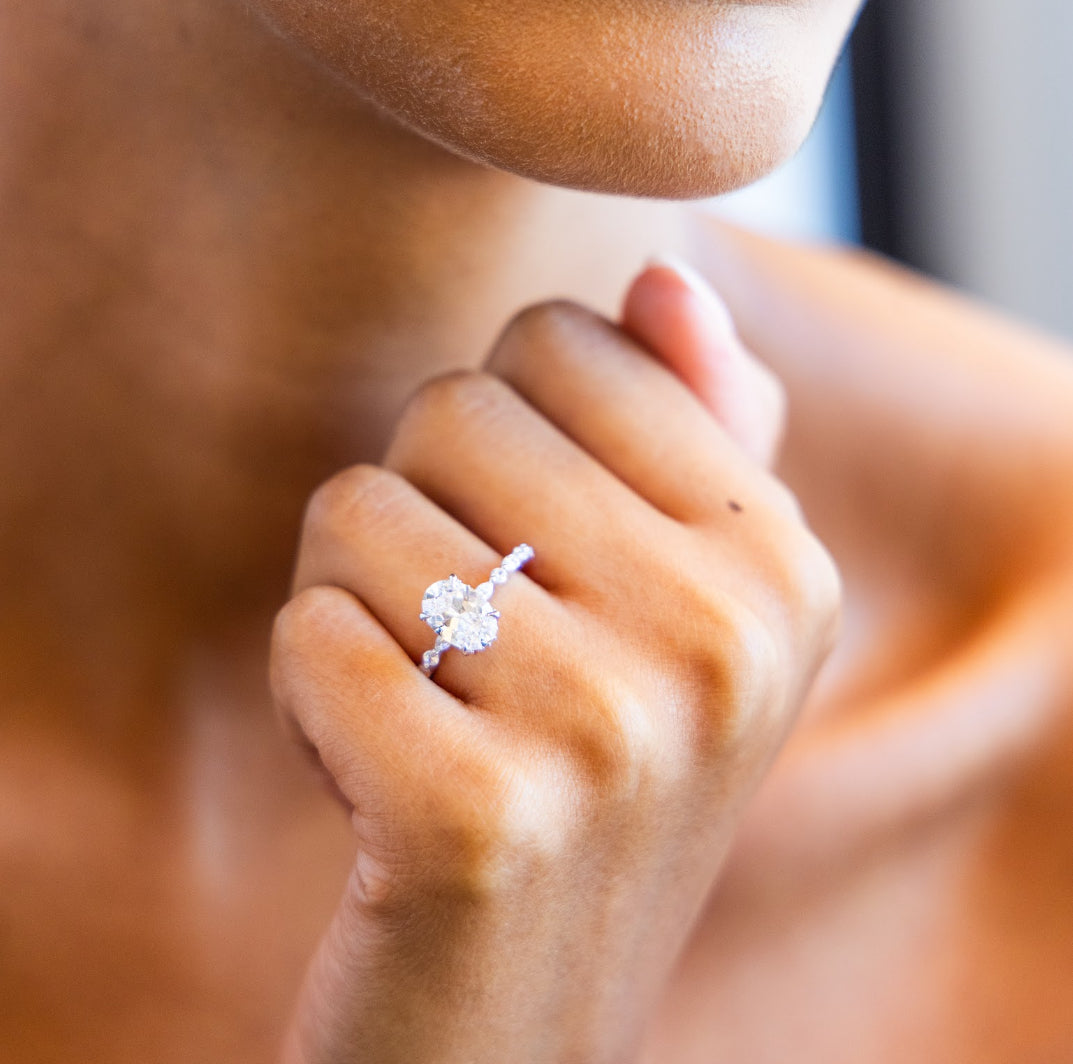 Petite Marquise and Round Single Prong Diamond Engagement Ring with Oval Cut Diamond