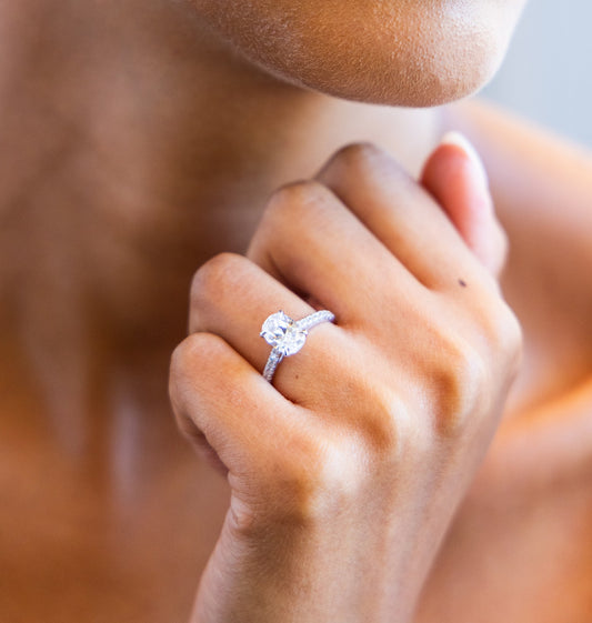 Cathedral French Pave Diamond Engagement Ring with Oval Cut Diamond