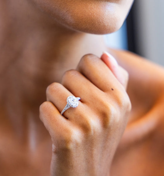 Split Band Diamond Halo Engagement Ring with Oval Cut Diamond