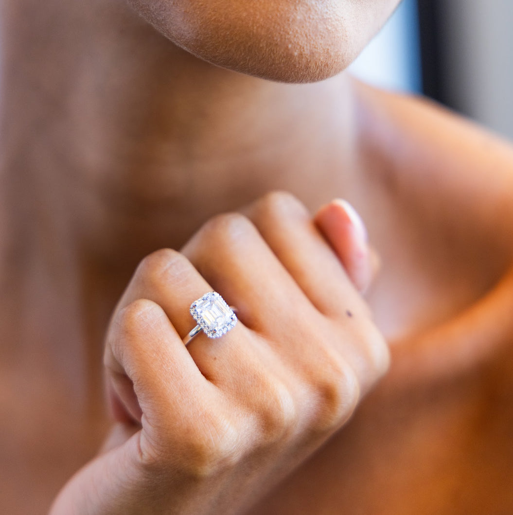 Petite Halo Diamond Engagement Ring with Emerald Cut Diamond