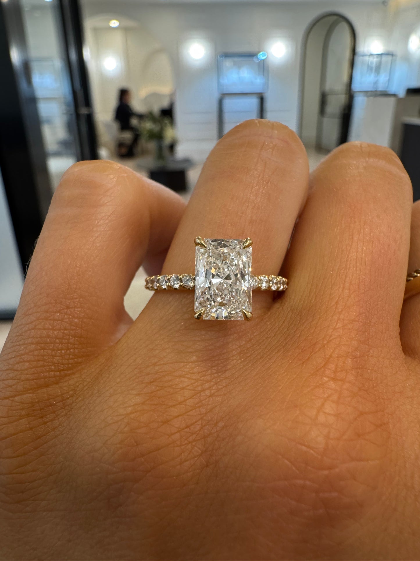 Hidden Halo Petite Shared Prong Diamond Engagement Ring with Radiant Cut Diamond