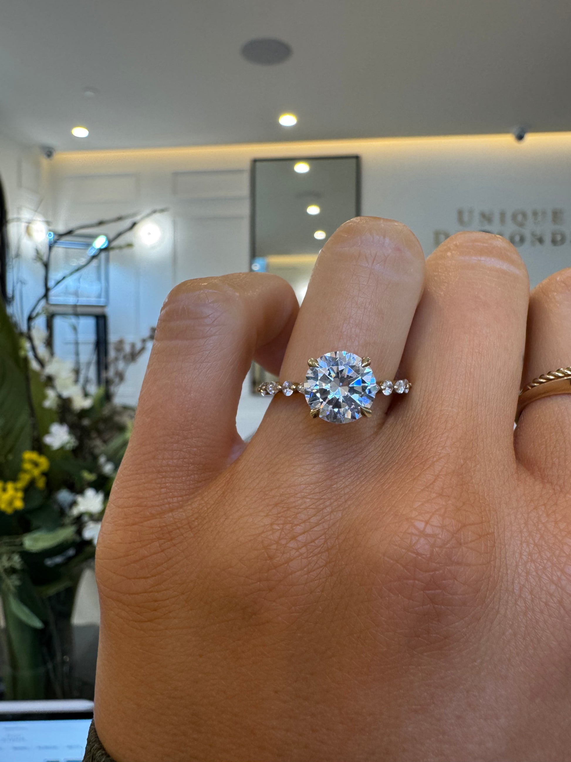Petite Marquise and Round Single Prong Diamond Engagement Ring with Round Brillian Cut Diamond