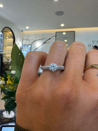 Knife Edge Pave Engagement Ring with Round Brilliant Cut Diamond