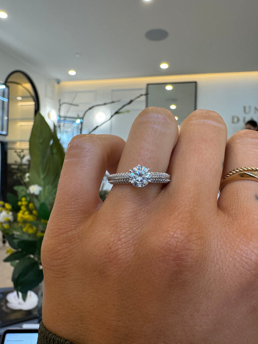 Knife Edge Pave Engagement Ring with Round Brilliant Cut Diamond