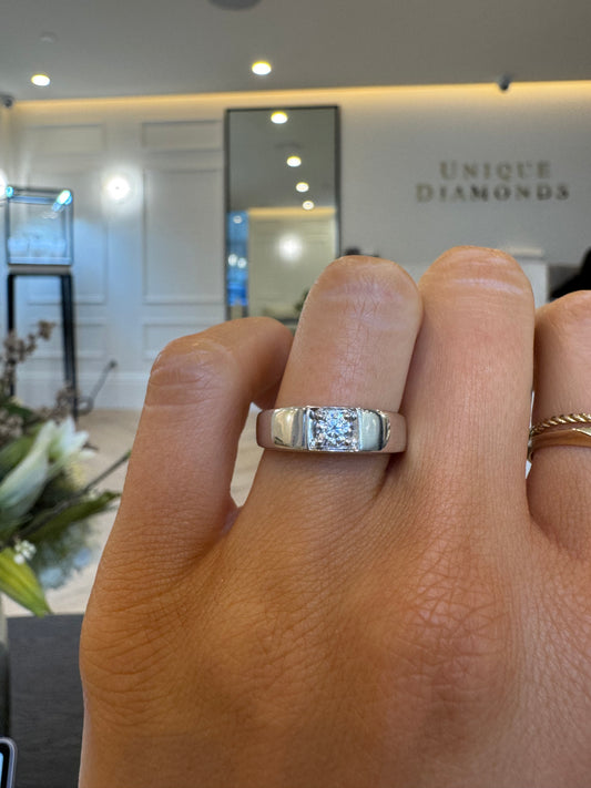 Four Prong Diamond Band Engagement Ring with Round Brilliant Cut Diamond