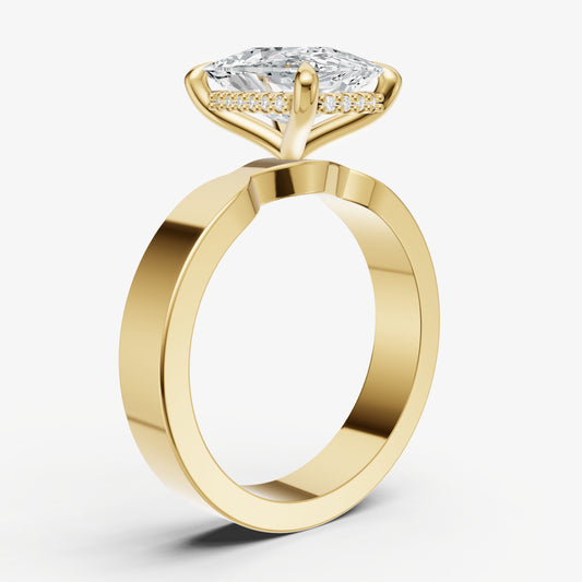 Elongated Cushion Flat Profile Solitaire Engagement Ring with Hidden Halo