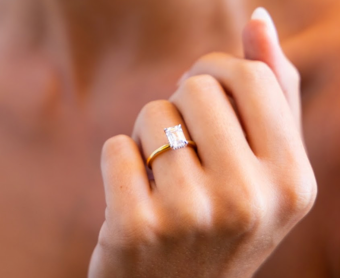 Hidden Halo Signature Solitaire Engagement Ring with Emerald Cut Diamond