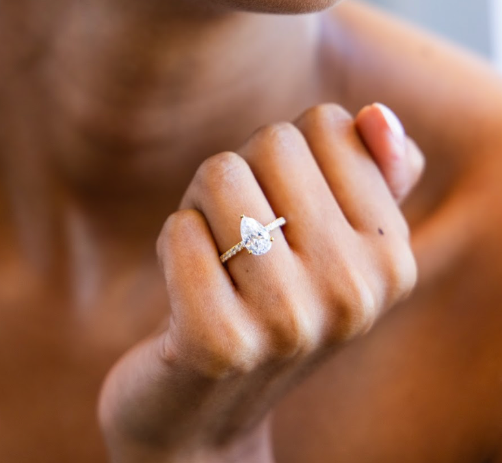 Petite Pave Diamond Engagement Ring with Pear Cut Diamond