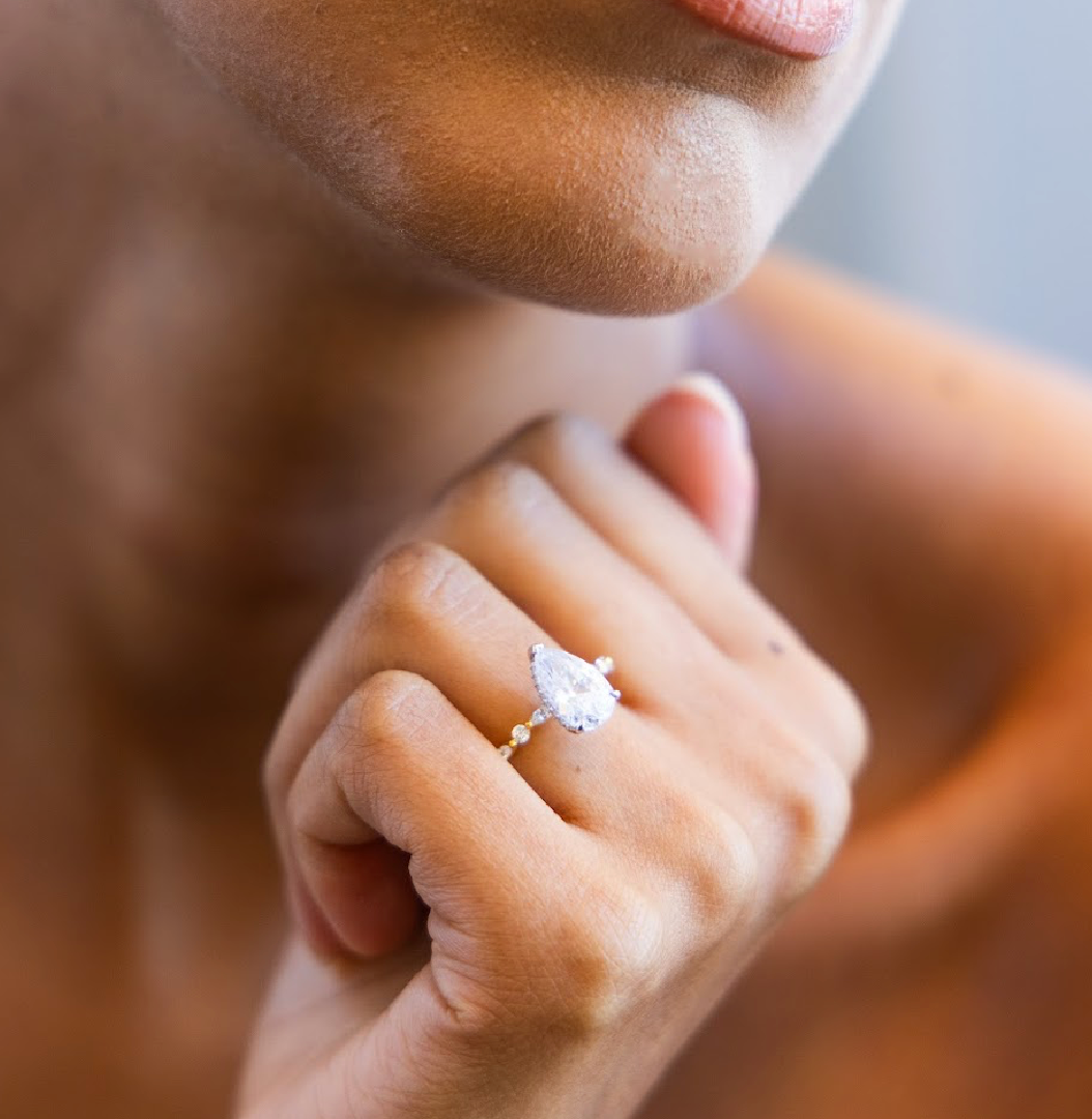 Petite Marquise and Round Single Prong Diamond Engagement Ring with Pear Cut Diamond