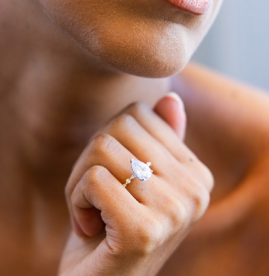 Petite Marquise and Round Single Prong Diamond Engagement Ring with Pear Cut Diamond