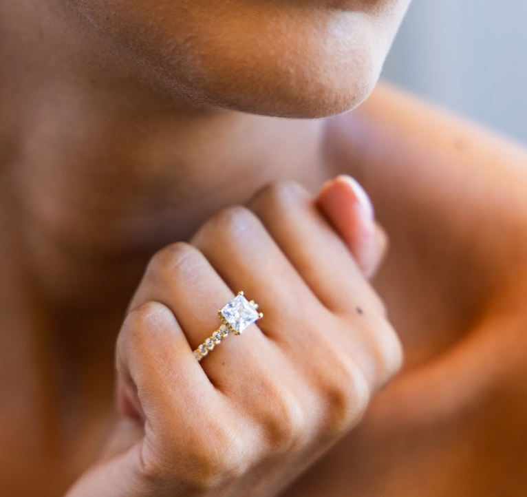 Hidden Halo Shared Prong Diamond Engagement Ring with Princess Cut Diamond