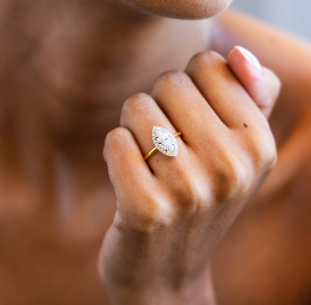 Petite Halo Diamond Engagement Ring with Marquise Cut Diamond