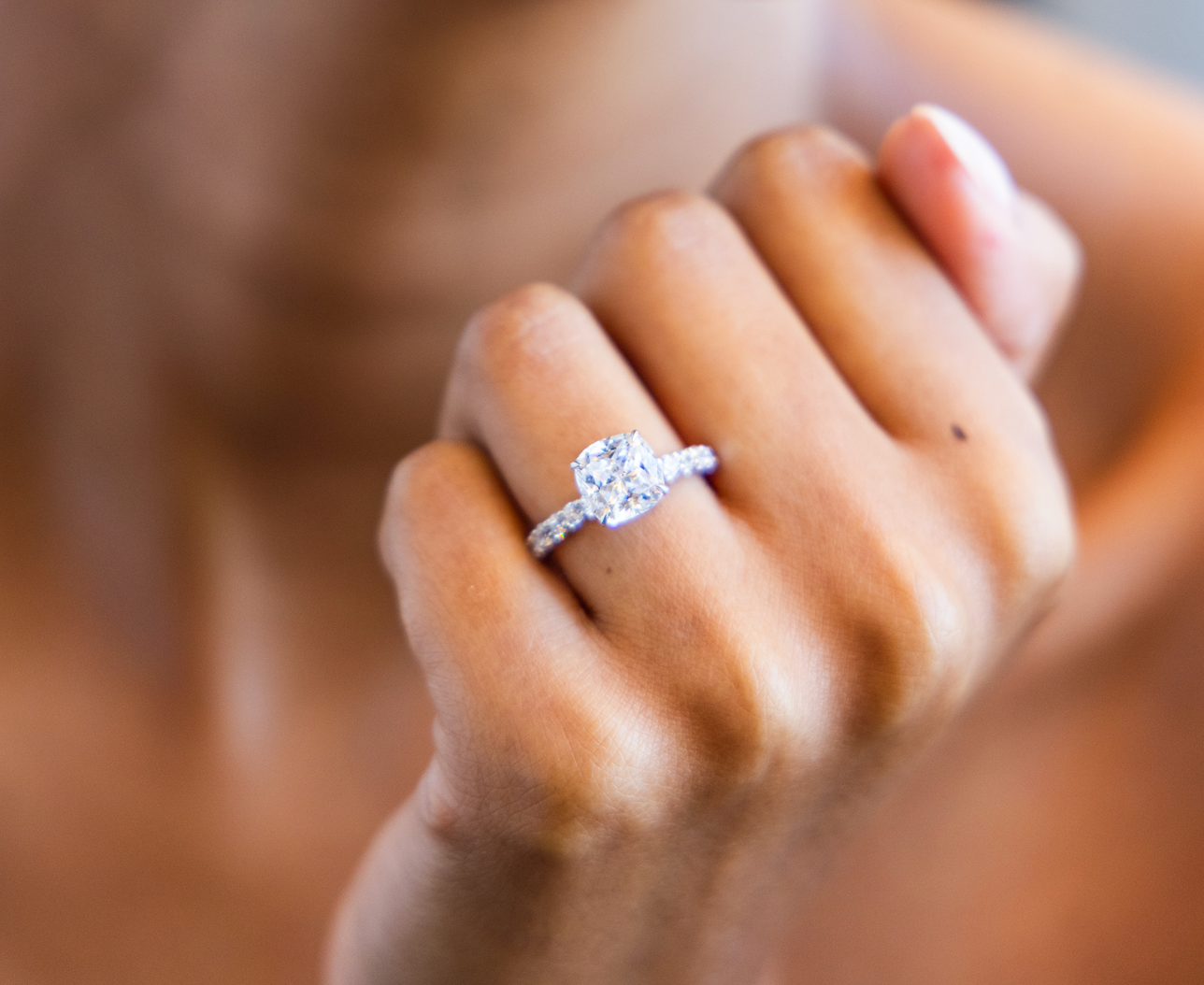 Shared Prong Diamond Engagement Ring with Cushion Cut Diamond