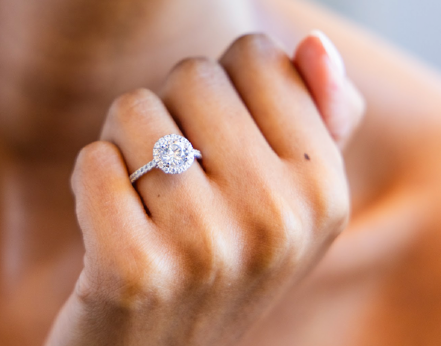 French Pave Halo Diamond Engagement Ring with Round Brilliant Cut Diamond