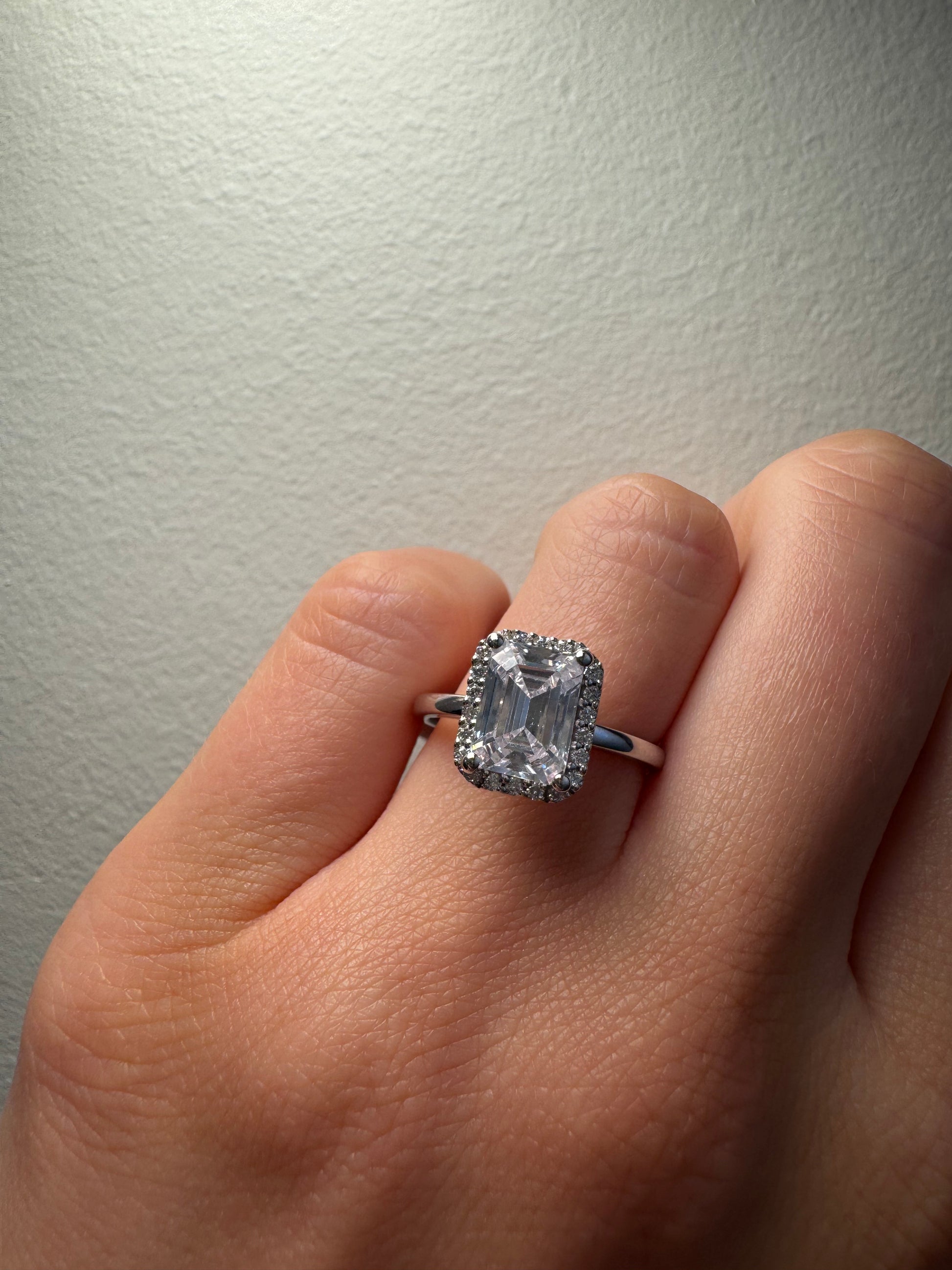 Petite Halo Diamond Engagement Ring with Emerald Cut Diamond