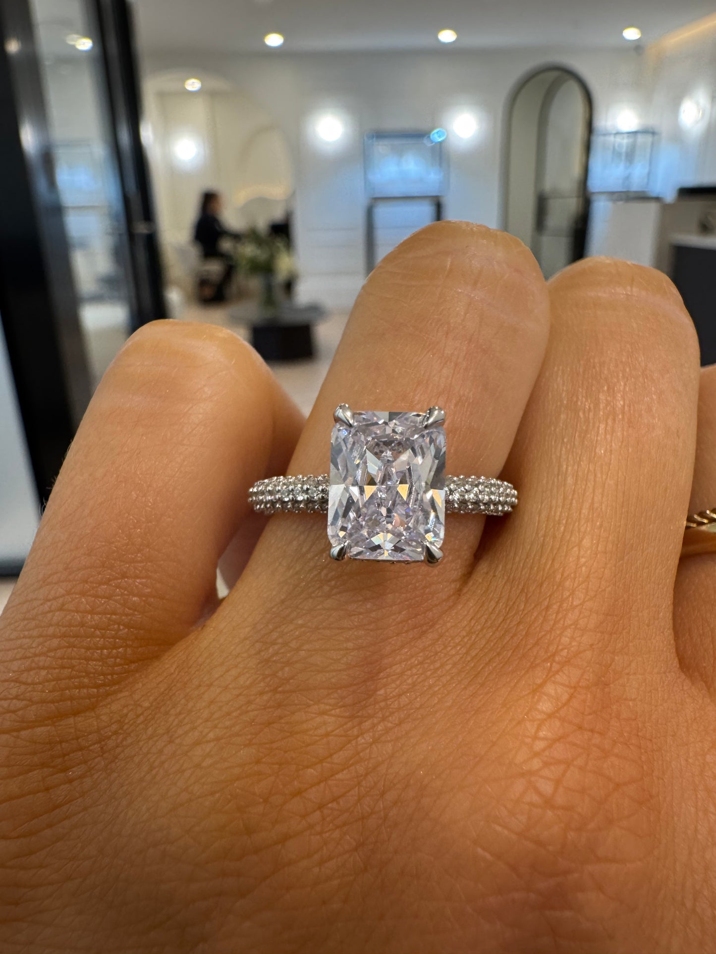 Knife Edge Pave Engagement Ring with Radiant Cut Diamond