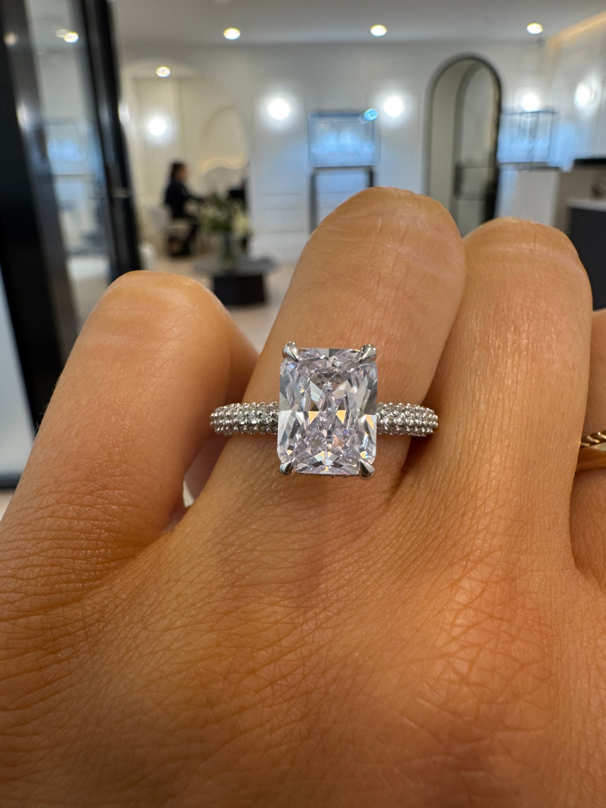 Knife Edge Pave Engagement Ring with Radiant Cut Diamond