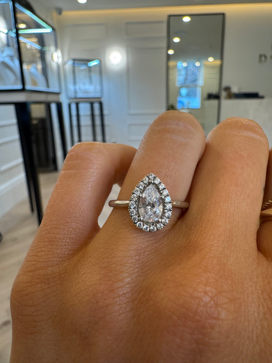 Petite Halo Diamond Engagement Ring with Pear Cut Diamond