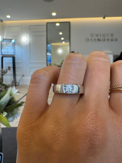 Four Prong Diamond Band Engagement Ring with Round Brilliant Cut Diamond