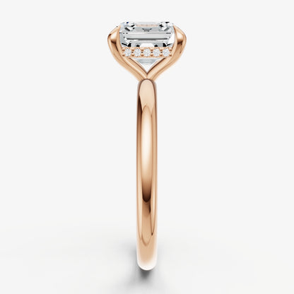 Asscher Four Claw Solitaire Engagement Ring with Hidden Halo