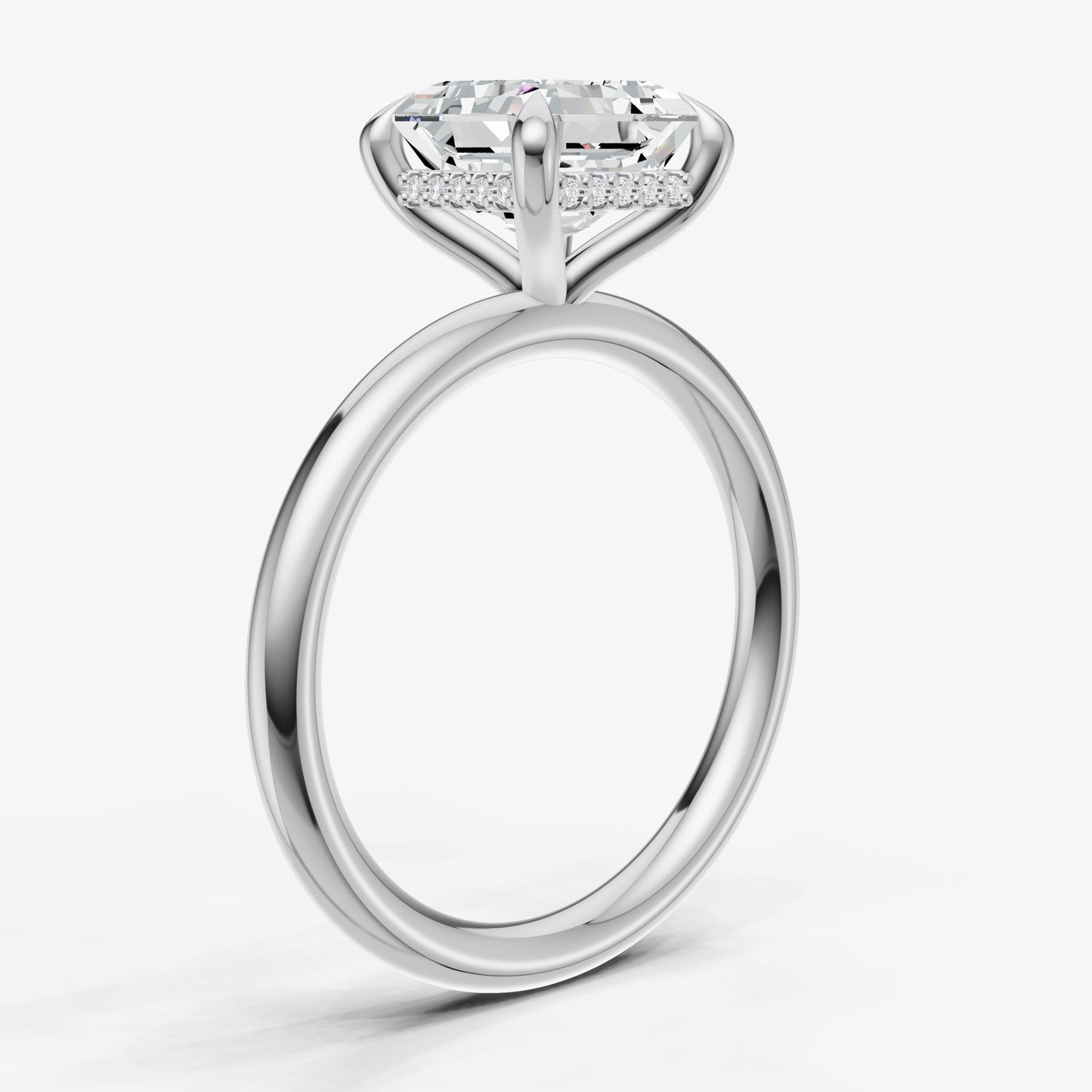 Asscher Four Claw Solitaire Engagement Ring with Hidden Halo