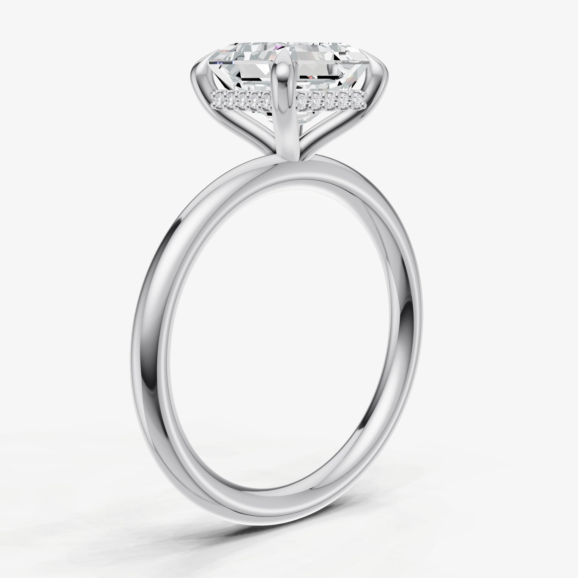 Asscher Four Claw Solitaire Engagement Ring with Hidden Halo