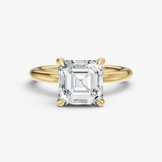 Asscher Four Claw Solitaire Engagement Ring with Hidden Halo