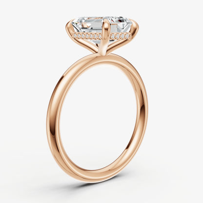 Emerald Four Claw Solitaire Engagement Ring with Hidden Halo