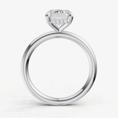 Emerald Four Claw Solitaire Engagement Ring with Hidden Halo