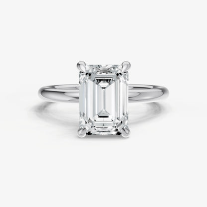 Emerald Four Claw Solitaire Engagement Ring with Hidden Halo