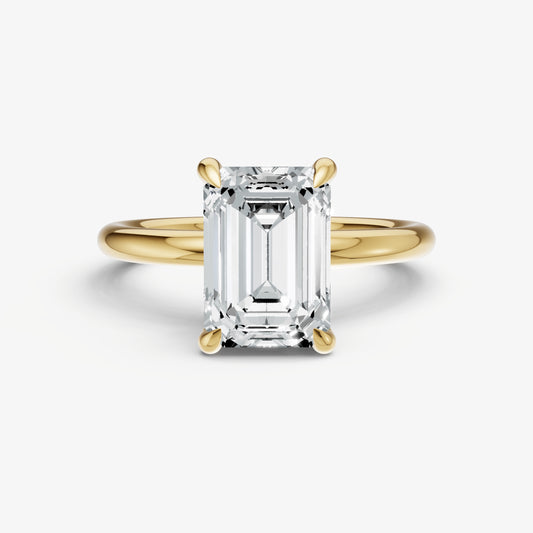 Emerald Four Claw Solitaire Engagement Ring with Hidden Halo