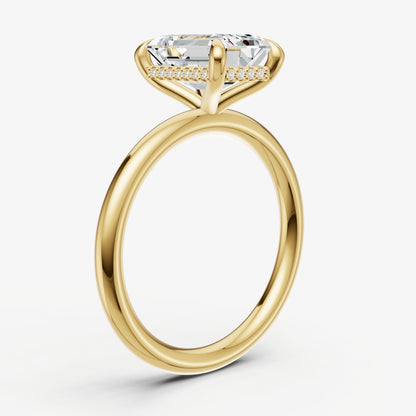 Emerald Four Claw Solitaire Engagement Ring with Hidden Halo