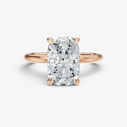 Elongated Cushion Four Claw Solitaire Engagement Ring with Hidden Halo