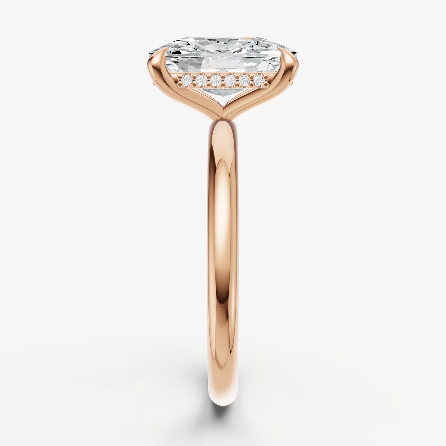 Elongated Cushion Four Claw Solitaire Engagement Ring with Hidden Halo