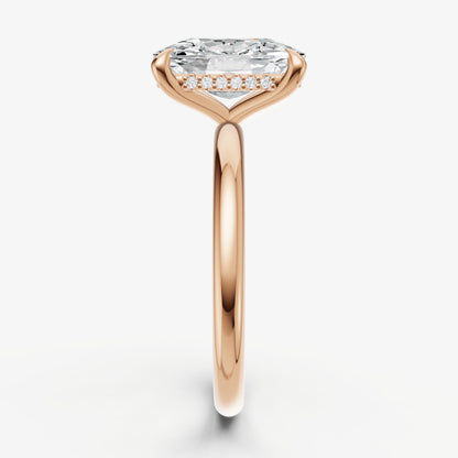 Elongated Cushion Four Claw Solitaire Engagement Ring with Hidden Halo