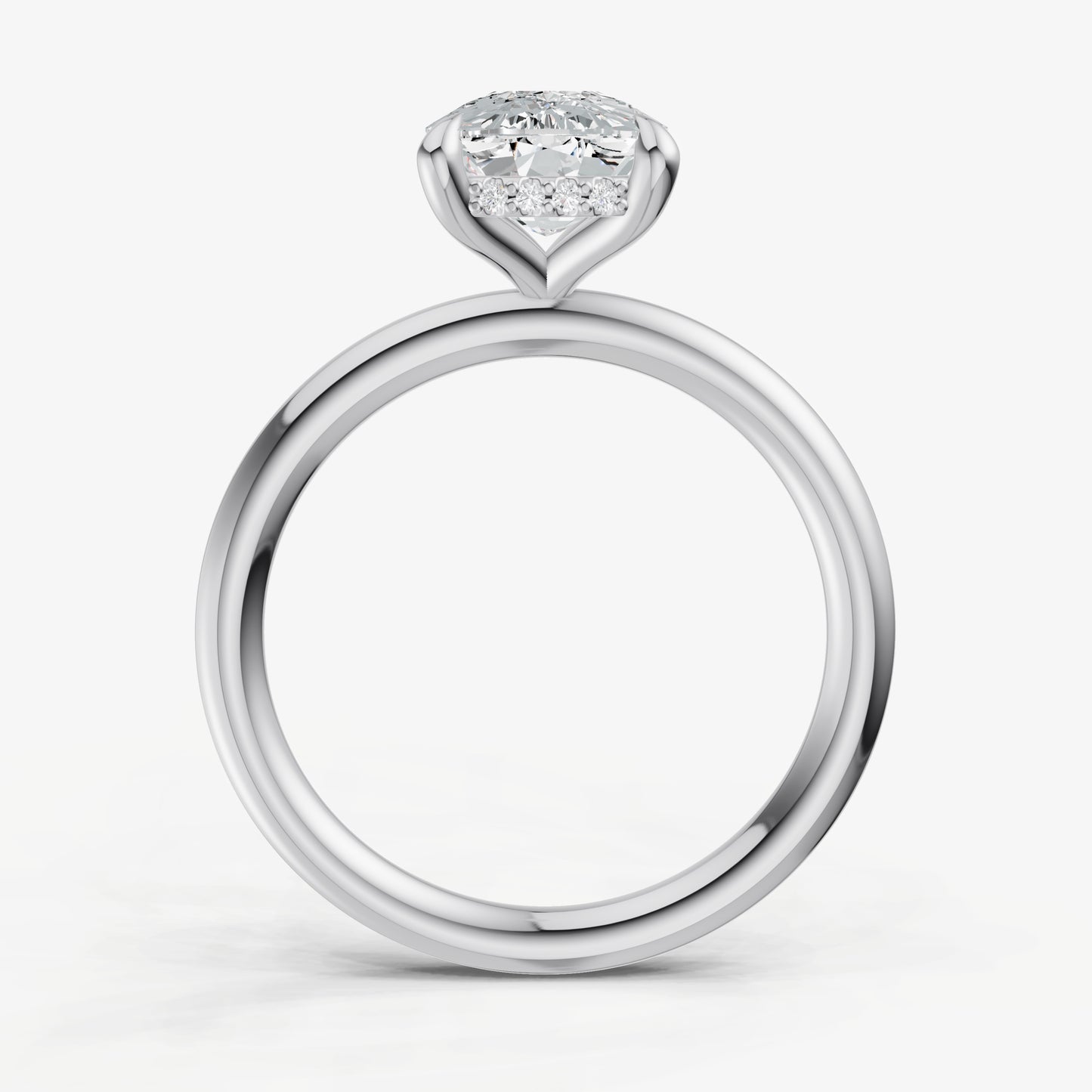 Elongated Cushion Four Claw Solitaire Engagement Ring with Hidden Halo