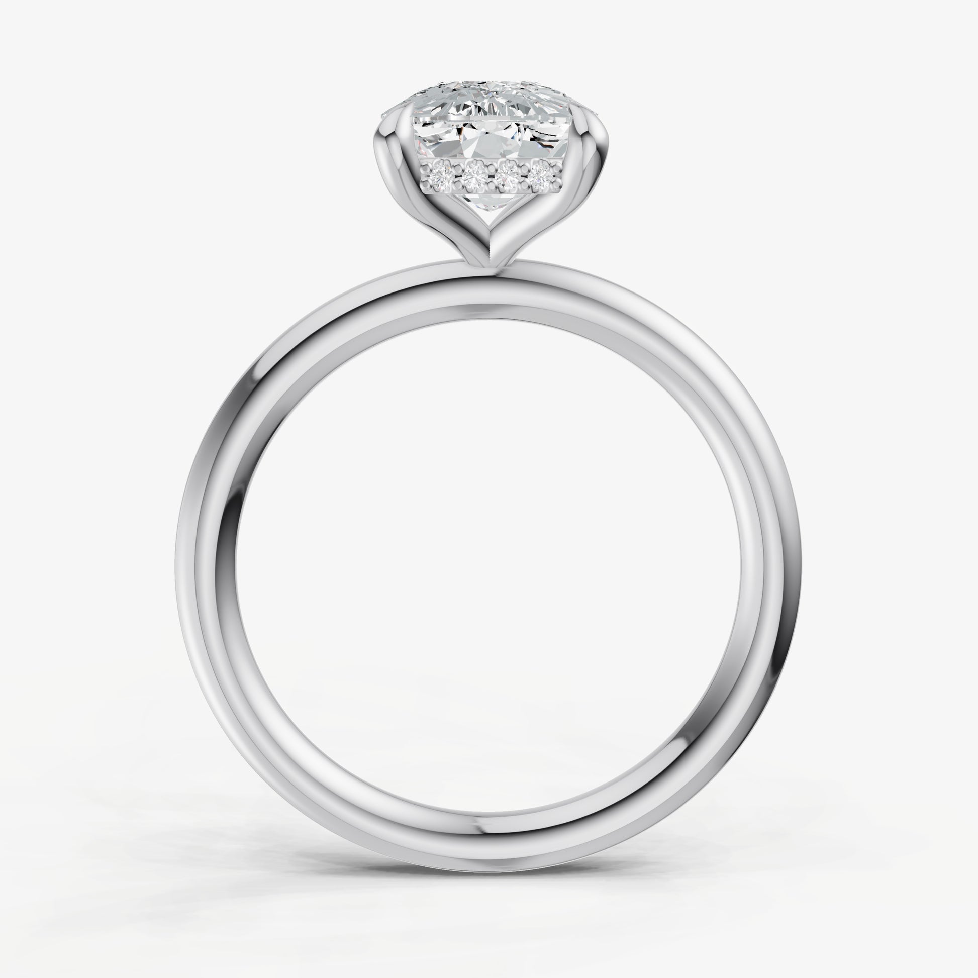 Elongated Cushion Four Claw Solitaire Engagement Ring with Hidden Halo