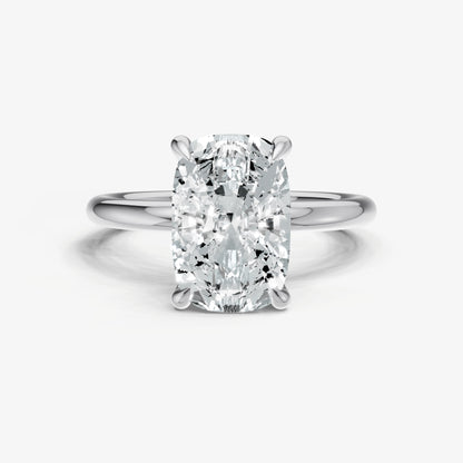 Elongated Cushion Four Claw Solitaire Engagement Ring with Hidden Halo