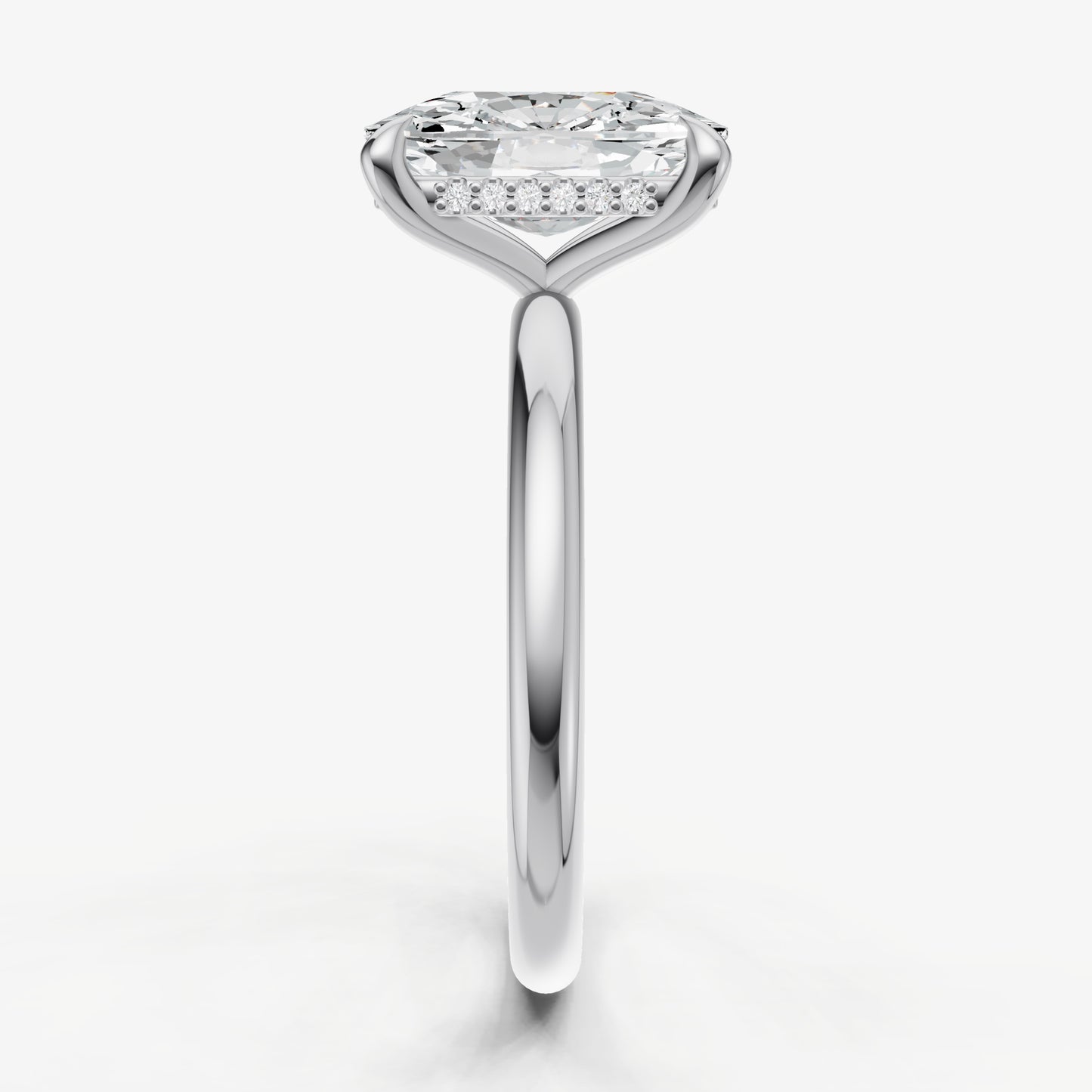 Elongated Cushion Four Claw Solitaire Engagement Ring with Hidden Halo