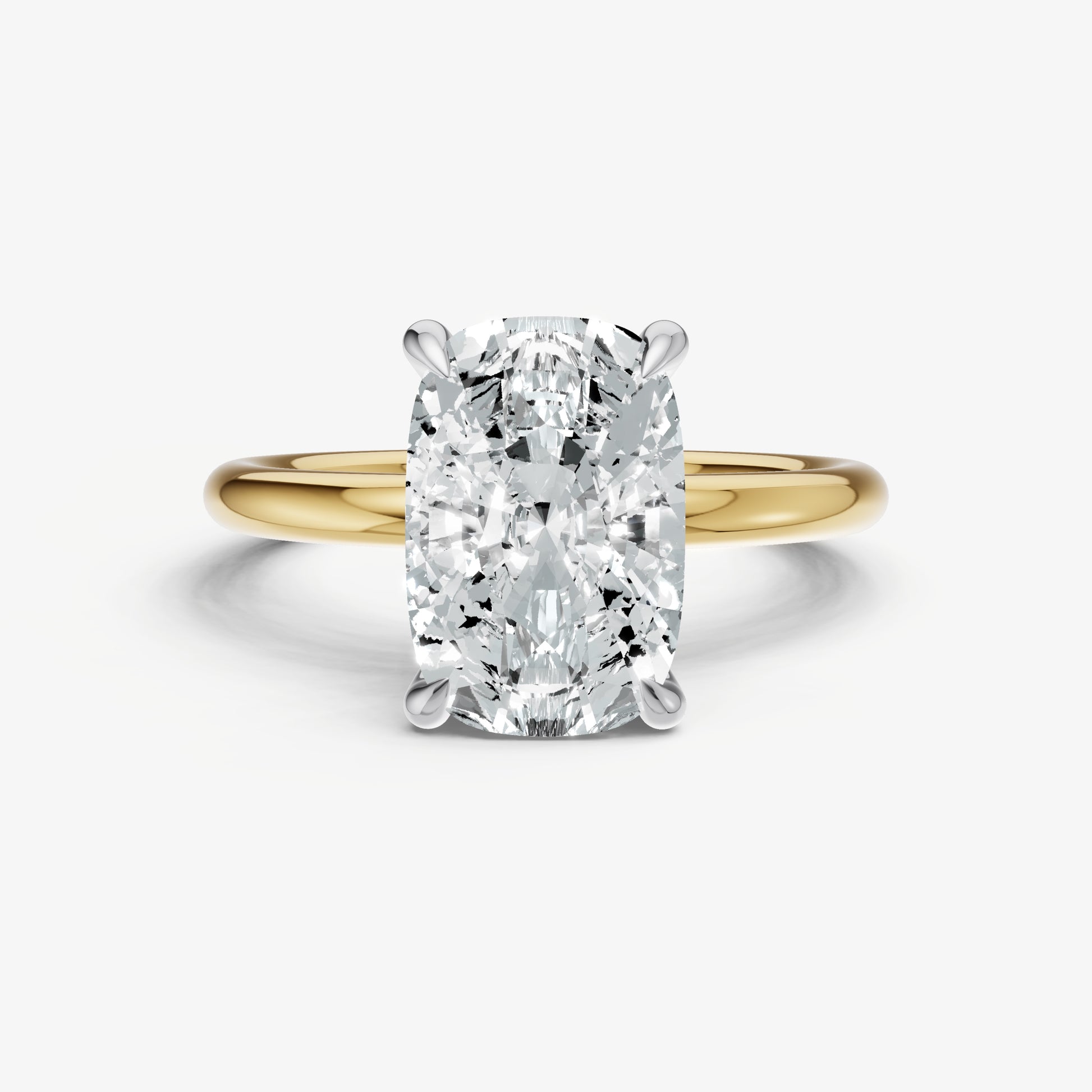 Elongated Cushion Four Claw Solitaire Engagement Ring with Hidden Halo