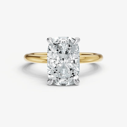 Elongated Cushion Four Claw Solitaire Engagement Ring with Hidden Halo