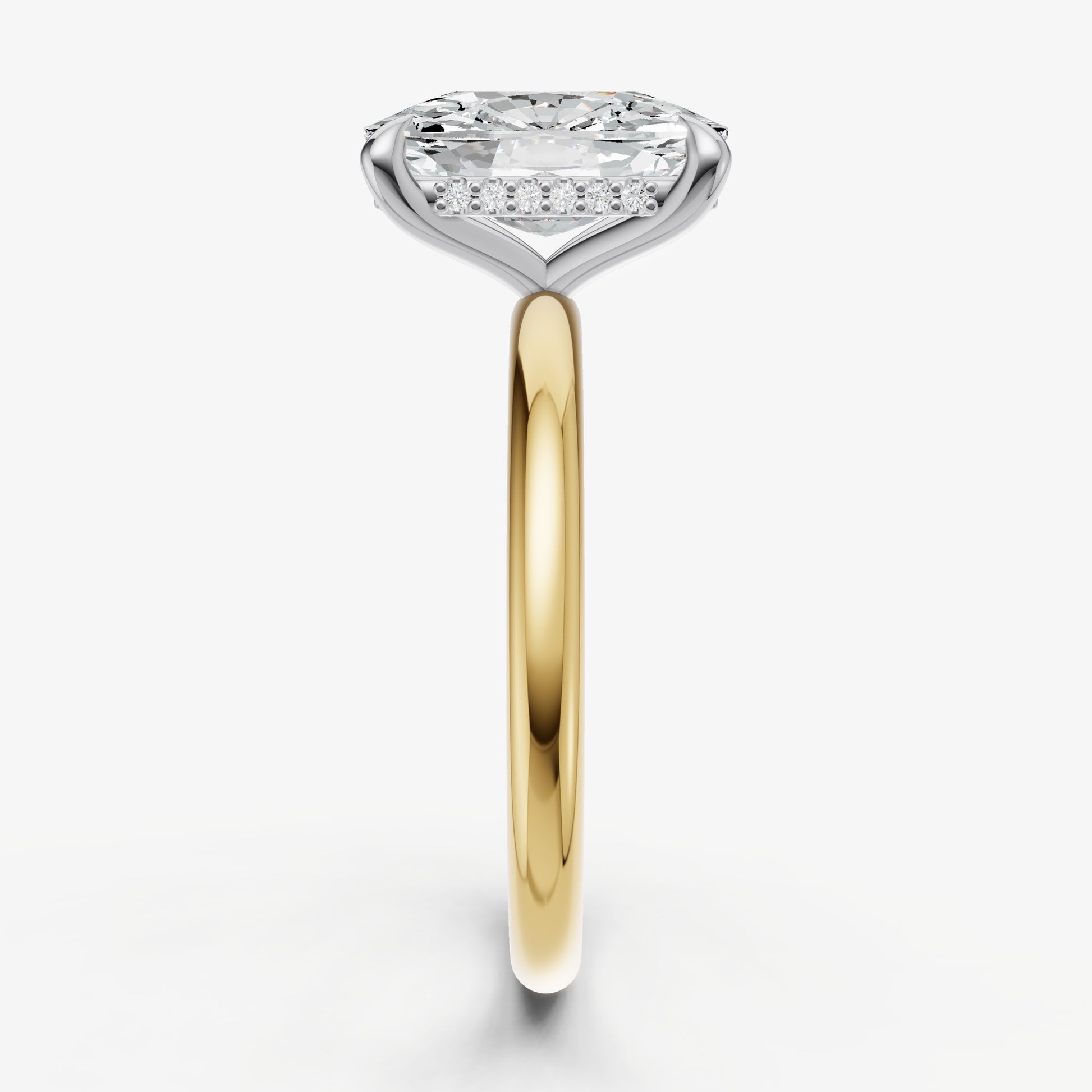Elongated Cushion Four Claw Solitaire Engagement Ring with Hidden Halo
