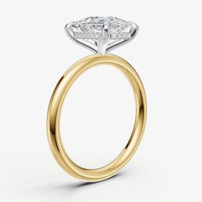 Elongated Cushion Four Claw Solitaire Engagement Ring with Hidden Halo