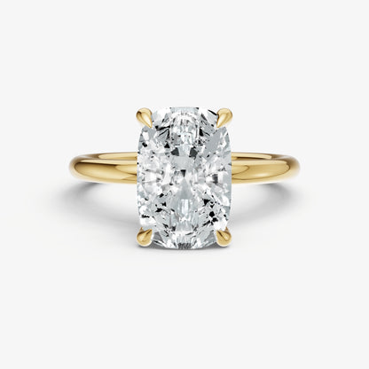Elongated Cushion Four Claw Solitaire Engagement Ring with Hidden Halo