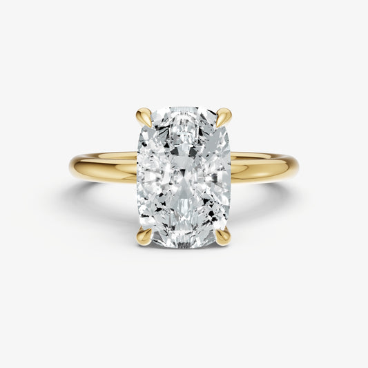 Elongated Cushion Four Claw Solitaire Engagement Ring with Hidden Halo