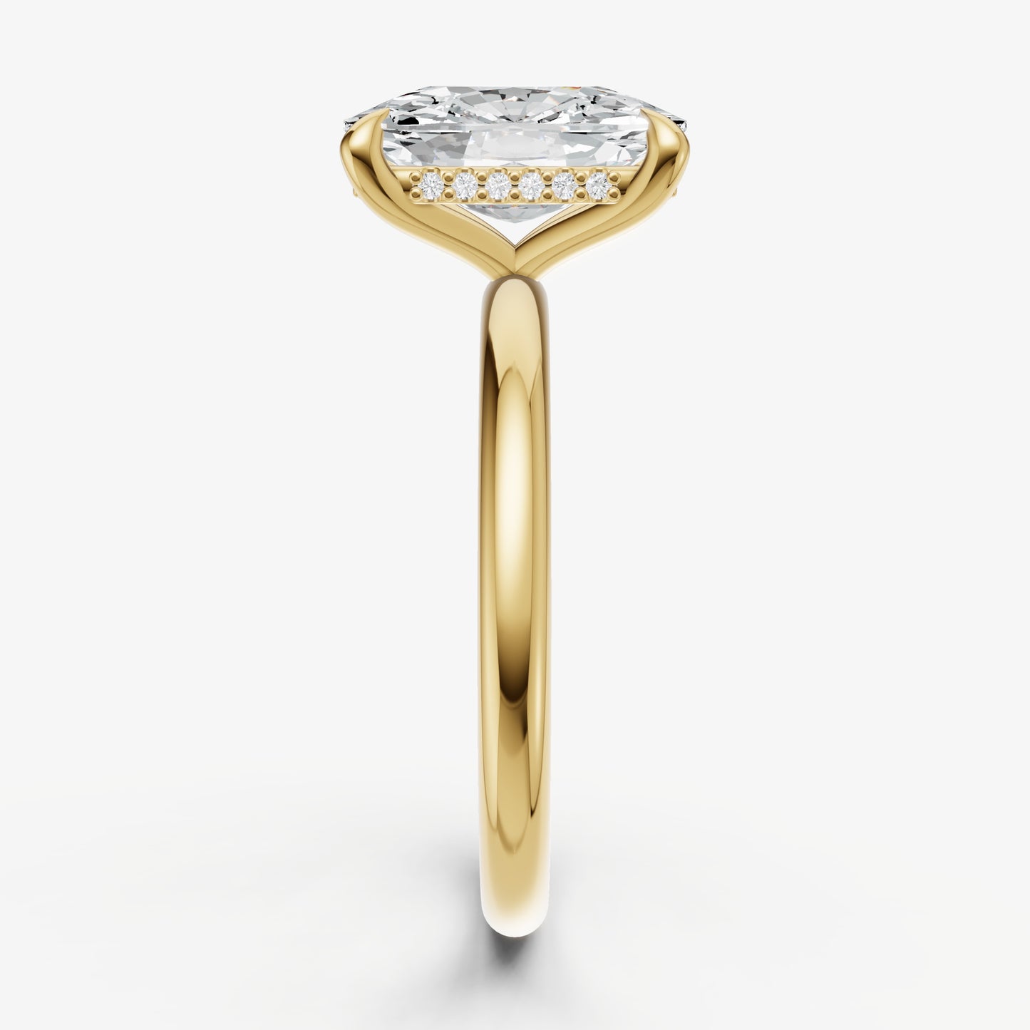 Elongated Cushion Four Claw Solitaire Engagement Ring with Hidden Halo